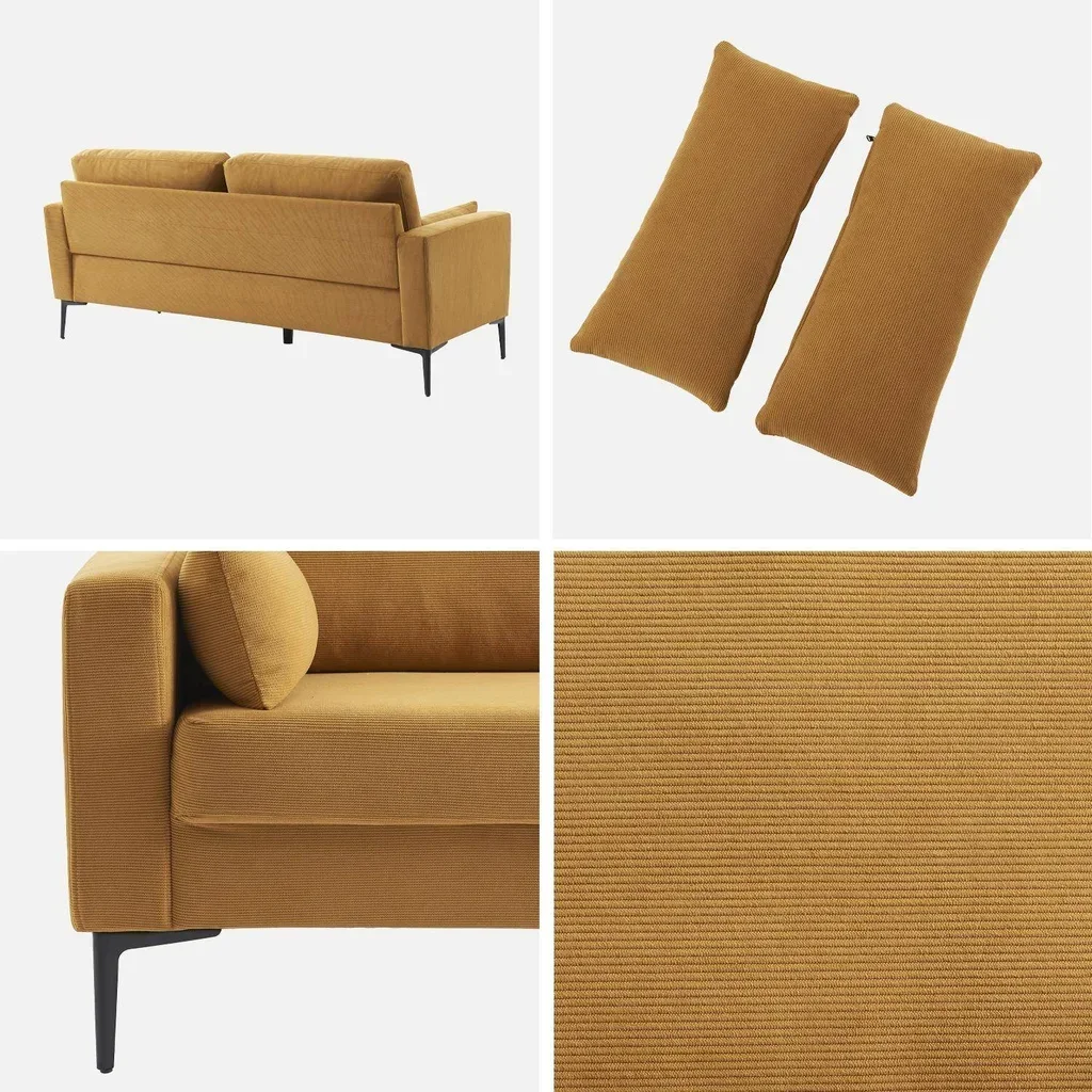 3-Sitzer Sofa Bjorn Beige Cord Samt Schwarze Metallbeine