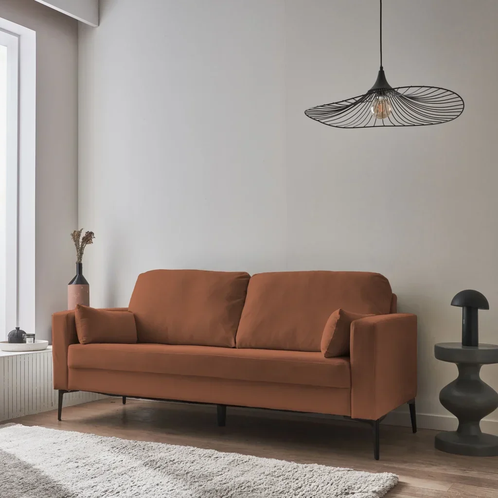 3-Sitzer Sofa Cord Samt Beige mit Schwarzen Metallfüßen Skandinavischer Stil