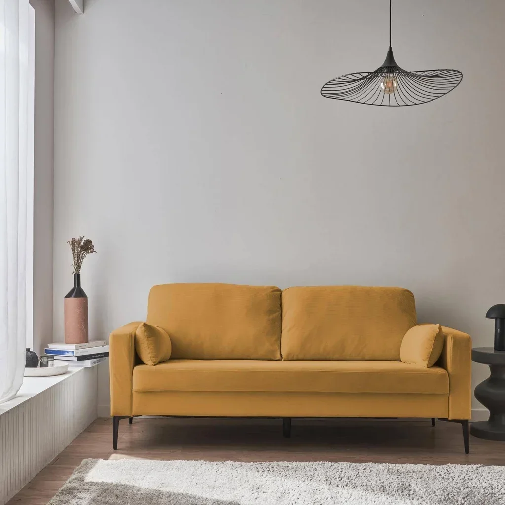 3-Sitzer Sofa Bjorn Beige Cord Samt Schwarze Metallbeine