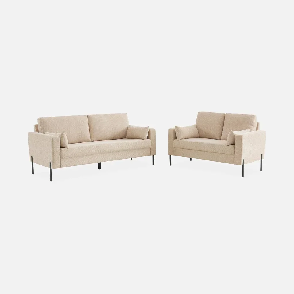 3-Sitzer Sofa Bjorn Beige Cord Samt Schwarze Metallbeine