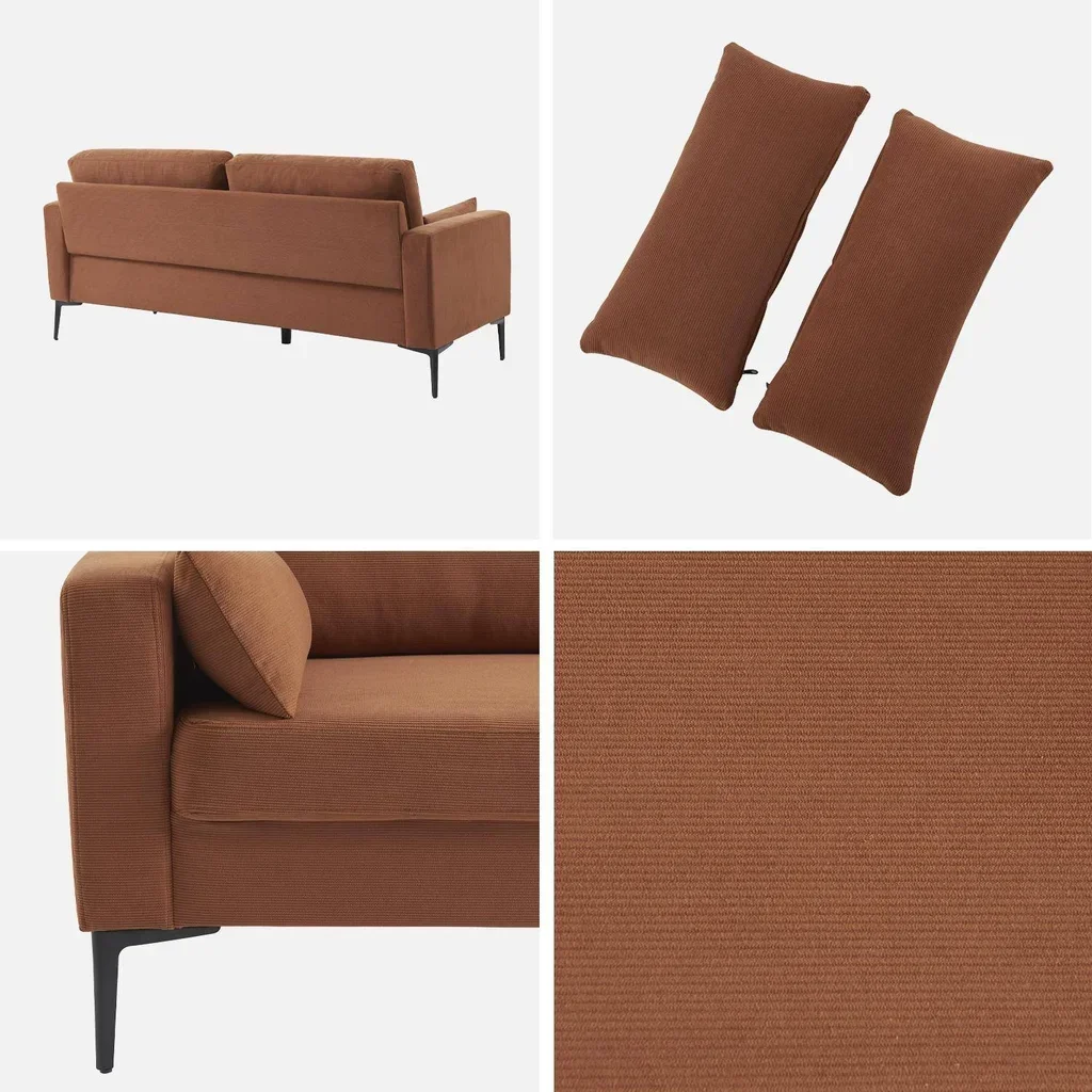 3-Sitzer Sofa Cord Samt Beige mit Schwarzen Metallfüßen Skandinavischer Stil