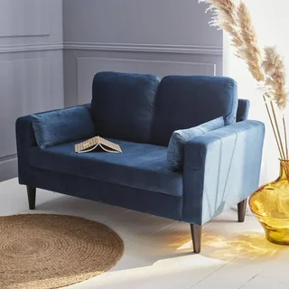 Vintage 2-Sitzer Bjorn Sofa Samt Blau Skandinavisches Holz
