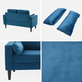 Vintage 2-Sitzer Bjorn Sofa Samt Blau Skandinavisches Holz
