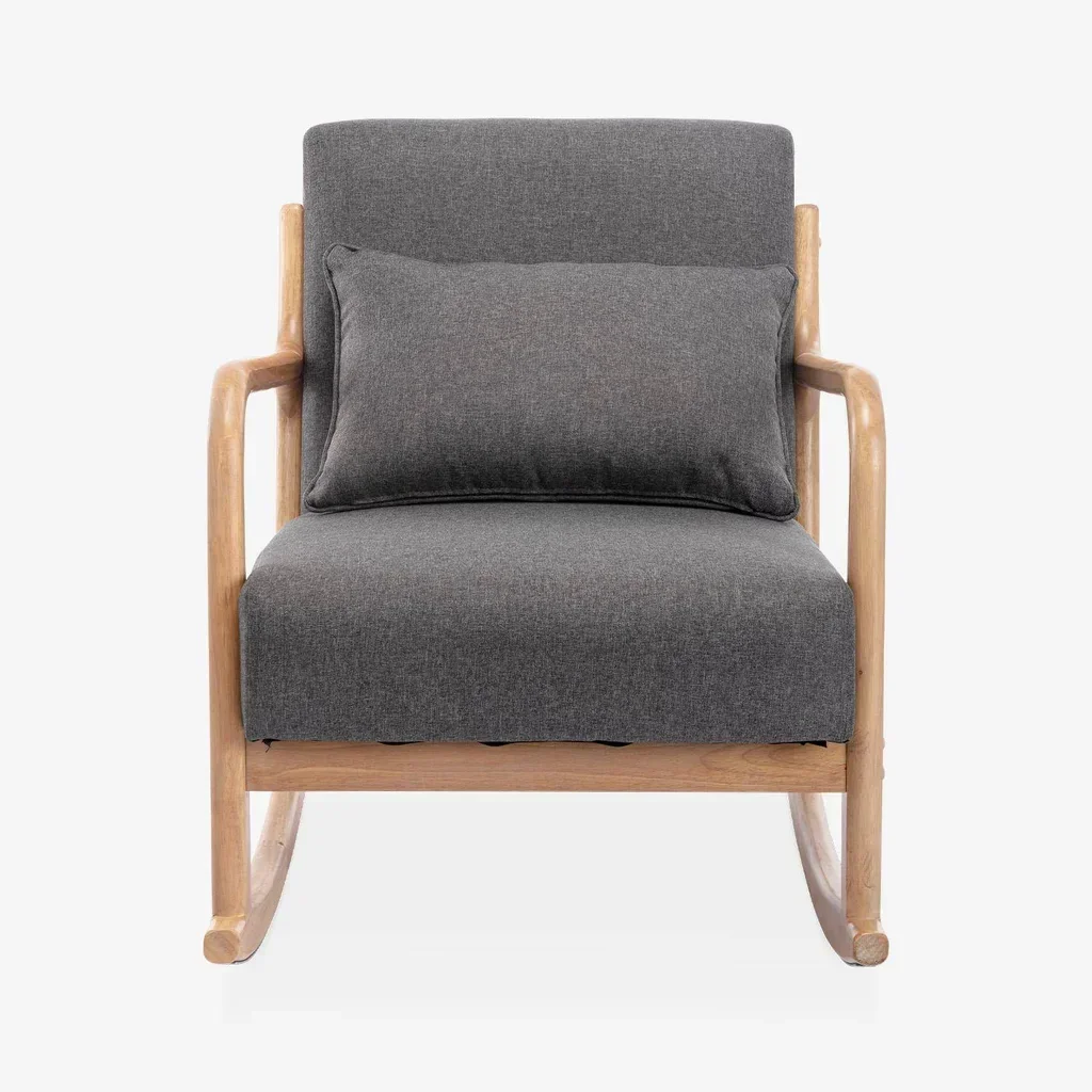 Fauteuil à bascule Lorens bleu en hévéa massif style scandinave avec coussin