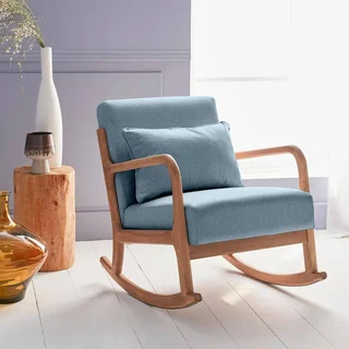 Fauteuil à bascule Lorens bleu en hévéa massif et textile - Design scandinave