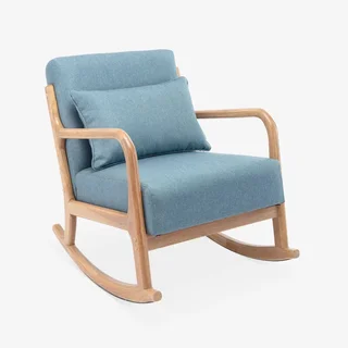 Fauteuil à bascule Lorens bleu en hévéa massif et textile - Design scandinave
