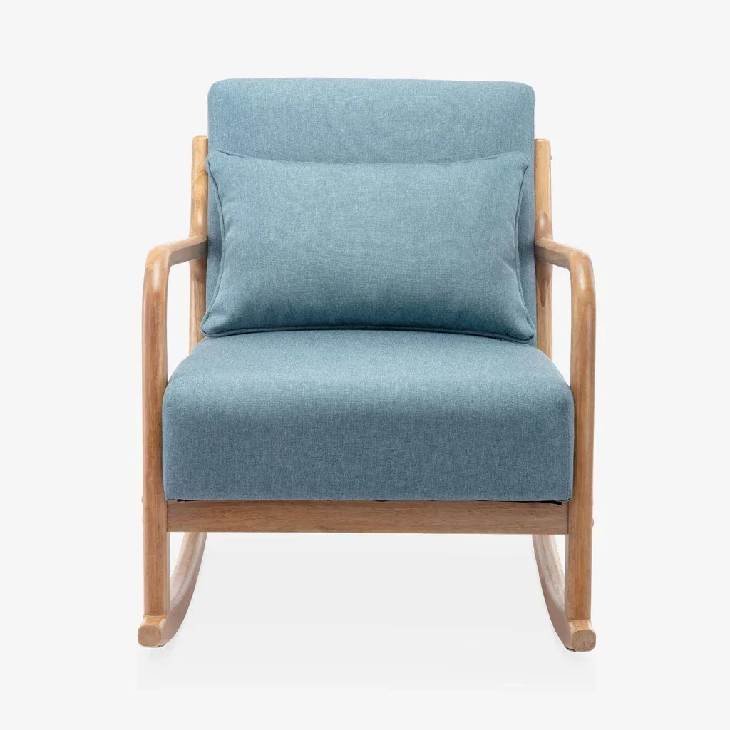 Fauteuil à bascule Lorens bleu en hévéa massif et textile - Design scandinave
