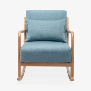 Fauteuil à bascule Lorens bleu en hévéa massif et textile - Design scandinave