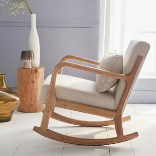 Fauteuil à bascule Lorens bleu en hévéa massif style scandinave