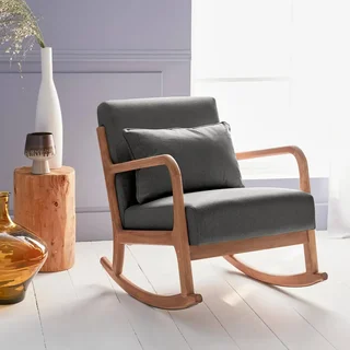 Fauteuil à bascule Lorens bleu en hévéa massif style scandinave avec coussin