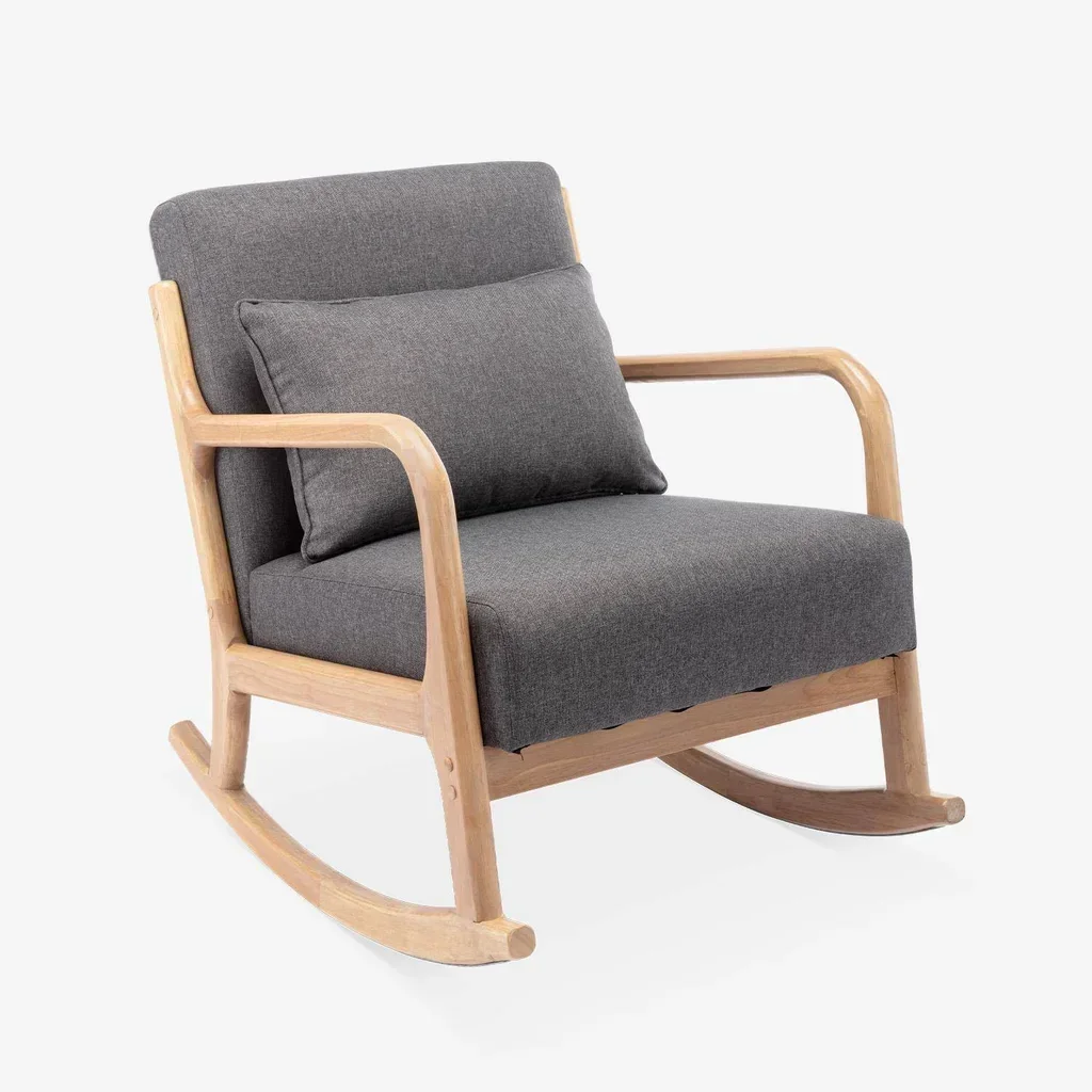 Fauteuil à bascule Lorens bleu en hévéa massif style scandinave avec coussin