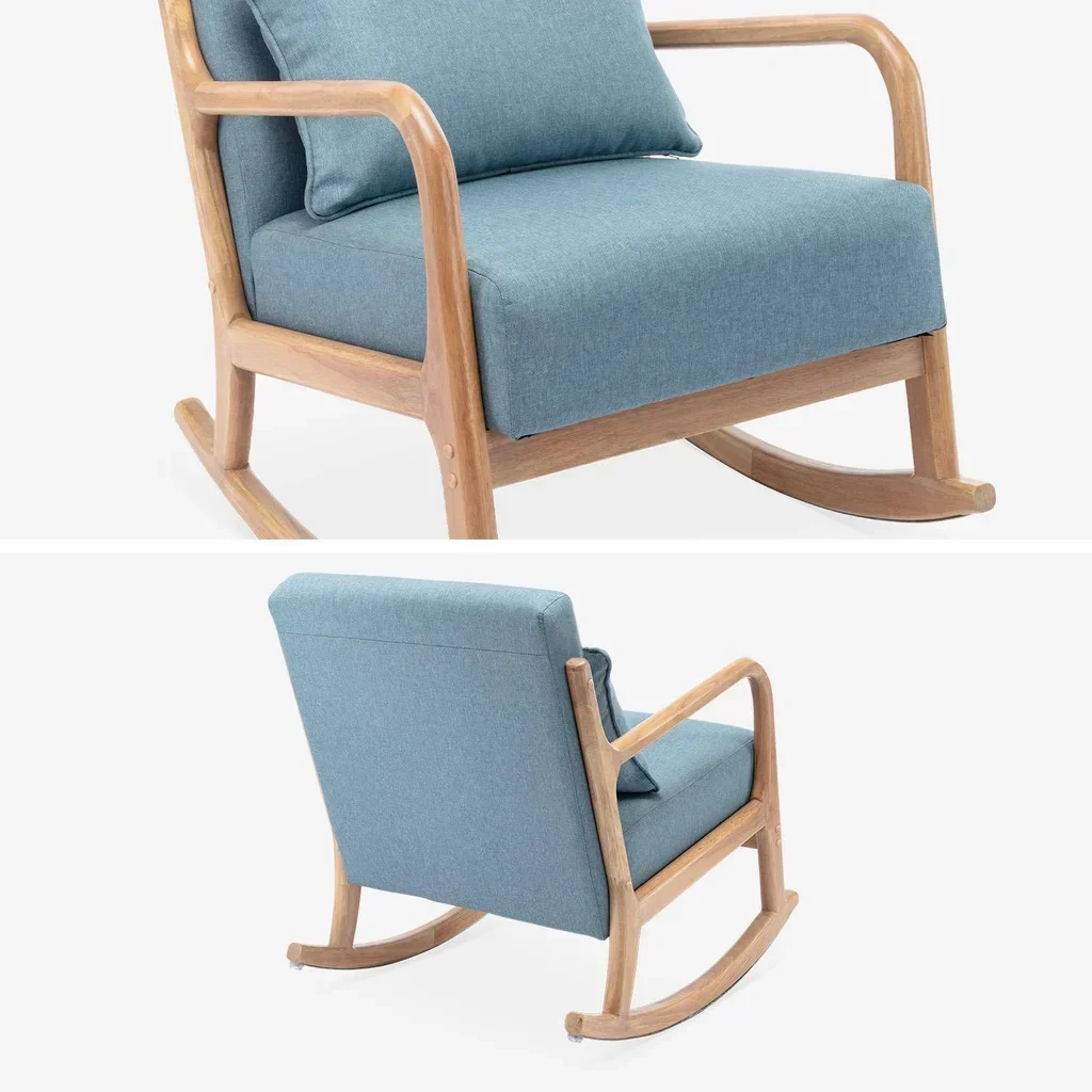 Fauteuil à bascule Lorens bleu en hévéa massif et textile - Design scandinave