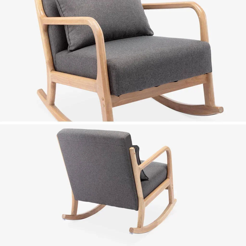 Fauteuil à bascule Lorens bleu en hévéa massif style scandinave avec coussin