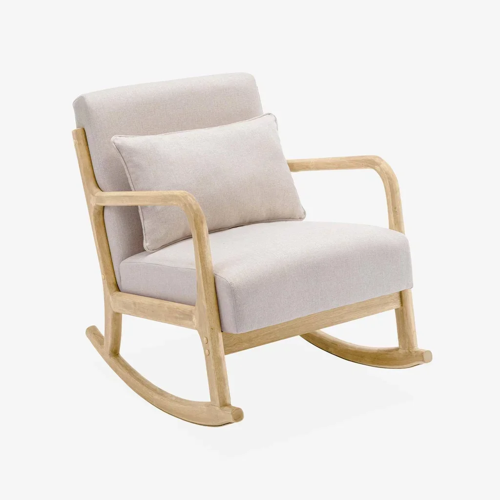 Fauteuil à bascule Lorens bleu en hévéa massif style scandinave