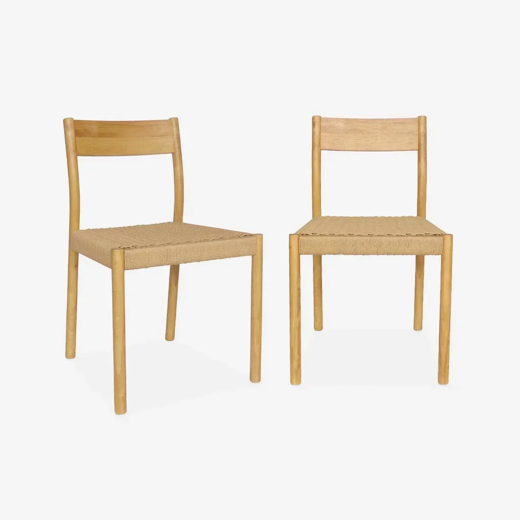 Chaise bois hévéa assise corde lot 2 Ella bohème naturelle