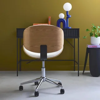 White bentwood office chair with faux leather and wheels