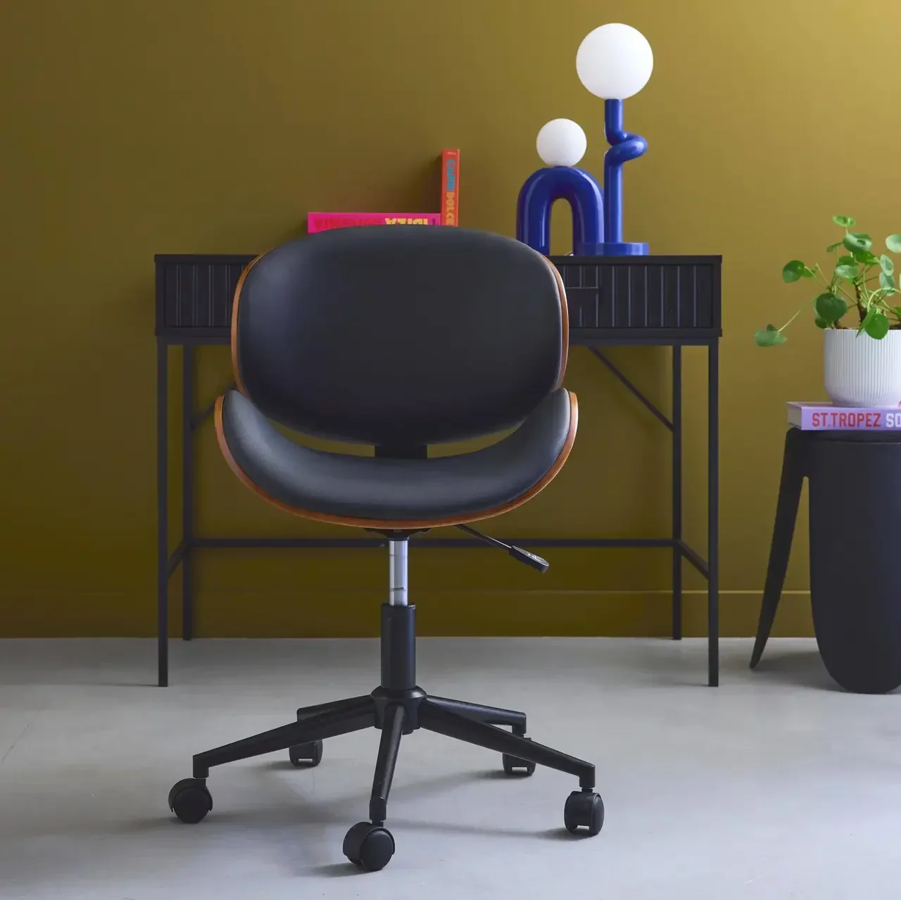 White bentwood office chair with faux leather and wheels