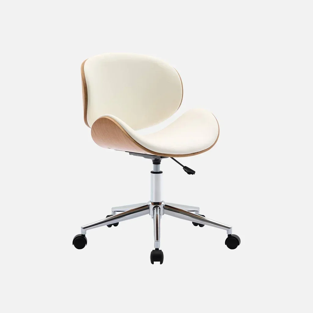 White bentwood office chair with faux leather and wheels