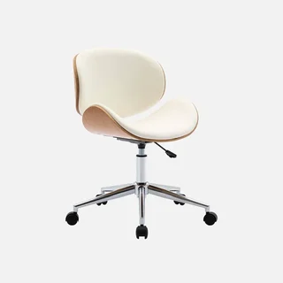 White bentwood office chair with faux leather and wheels