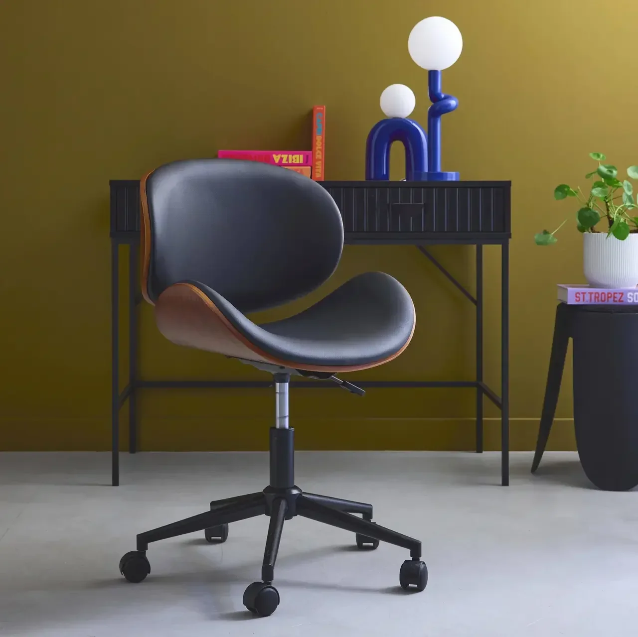 White bentwood office chair with faux leather and wheels