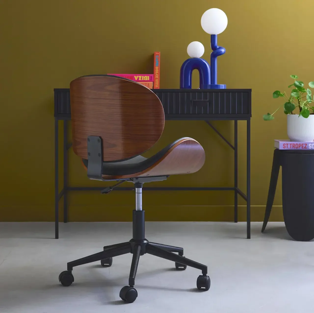White bentwood office chair with faux leather and wheels
