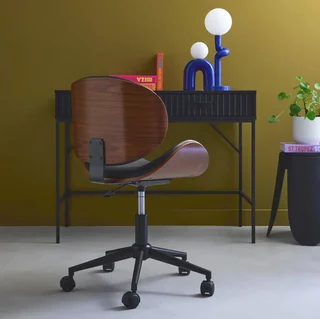 White bentwood office chair with faux leather and wheels