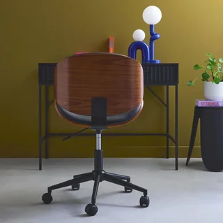 White bentwood office chair with faux leather and wheels