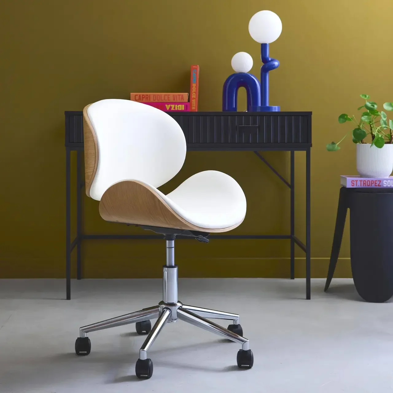 White bentwood office chair with faux leather and wheels