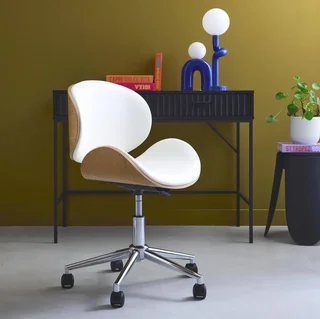 White bentwood office chair with faux leather and wheels