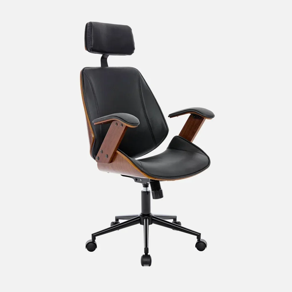 Silla de oficina ergonómica de madera curvada blanca con ruedas cuero sintético diseño