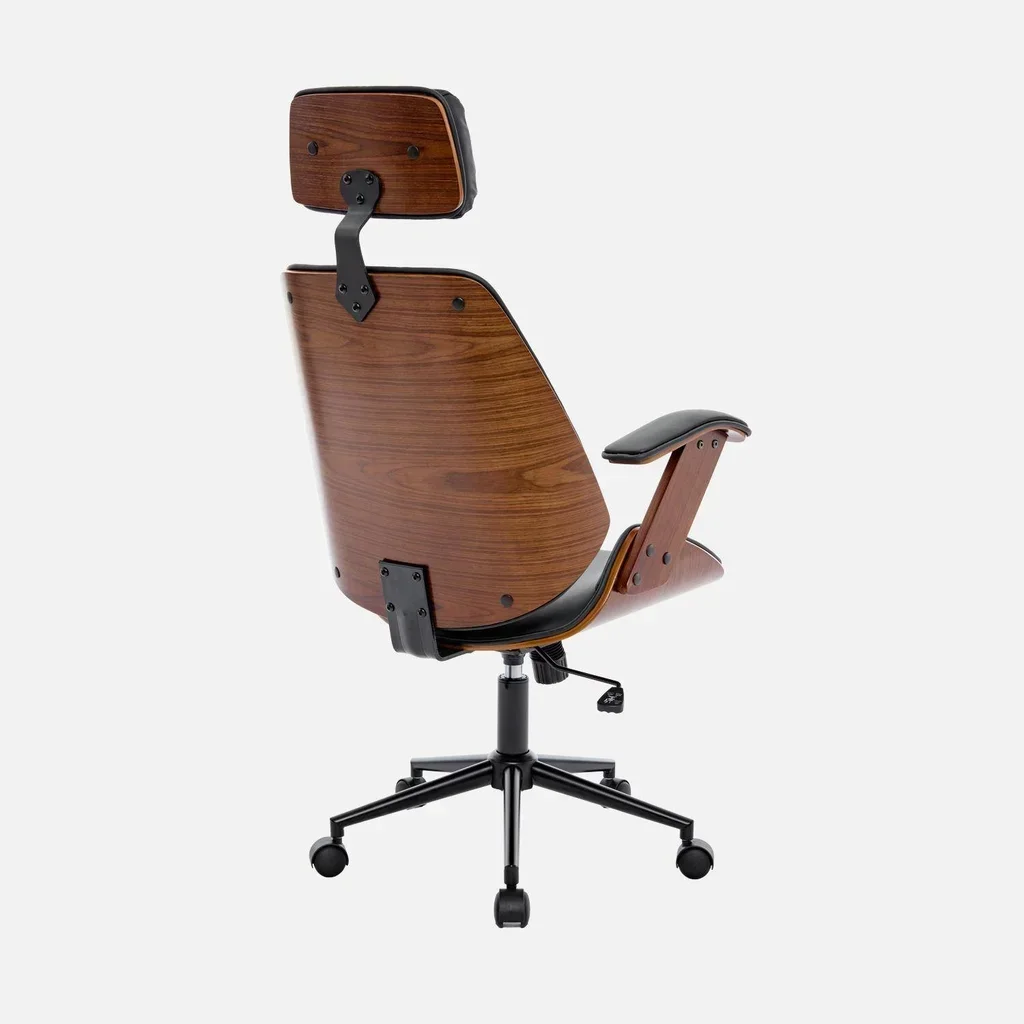 Silla de oficina ergonómica de madera curvada blanca con ruedas cuero sintético diseño