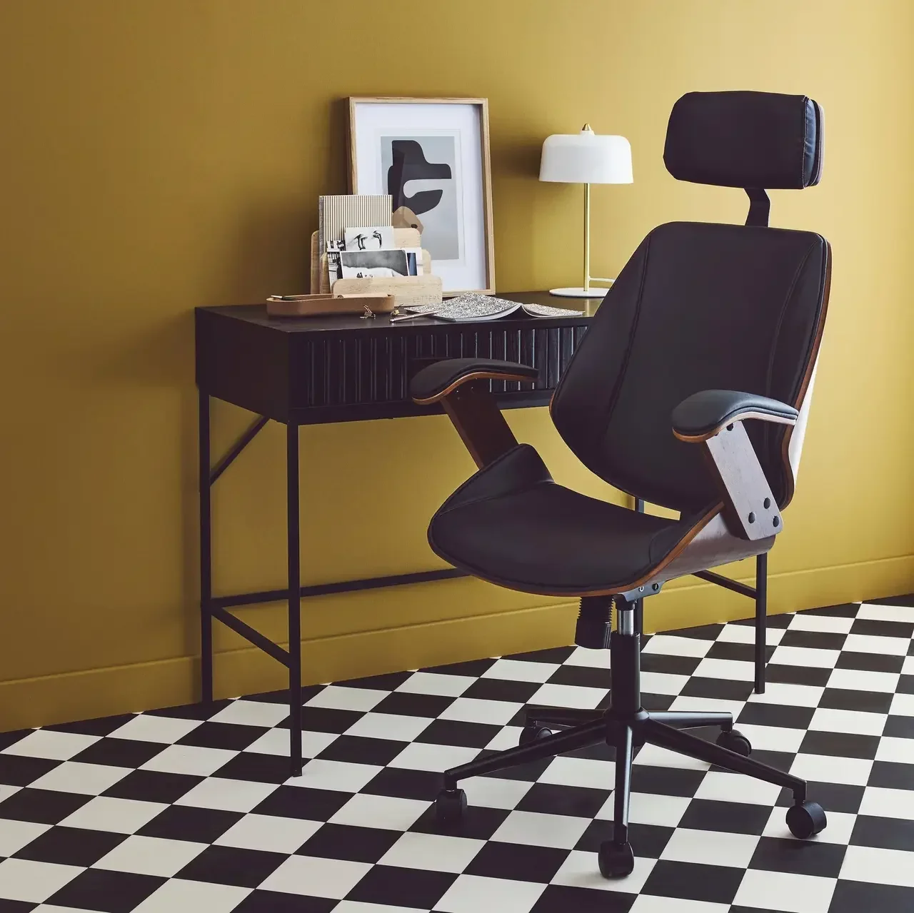Silla de oficina ergonómica de madera curvada blanca con ruedas cuero sintético diseño