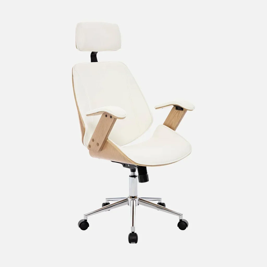 Silla Oficina Blanca Madera Curva Cuero Sintético Ruedas Diseño