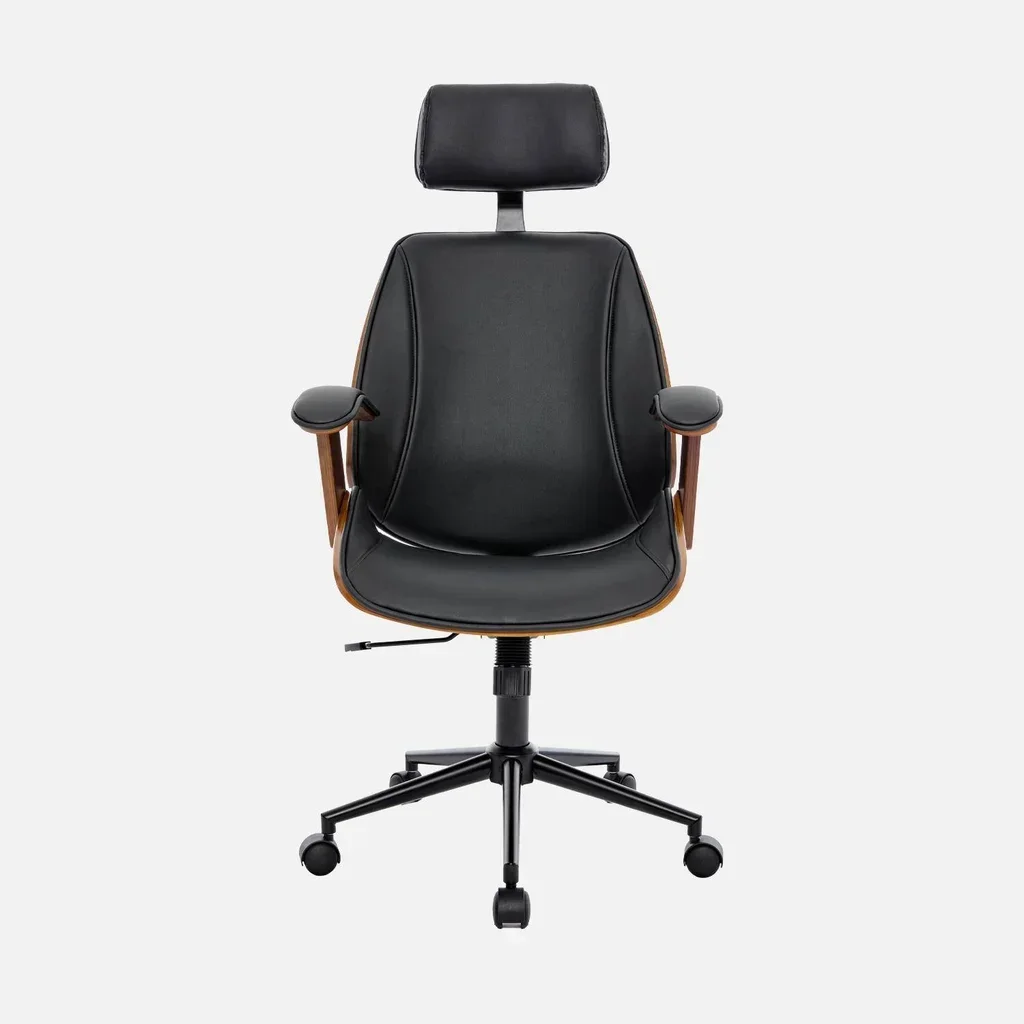 Silla de oficina ergonómica de madera curvada blanca con ruedas cuero sintético diseño