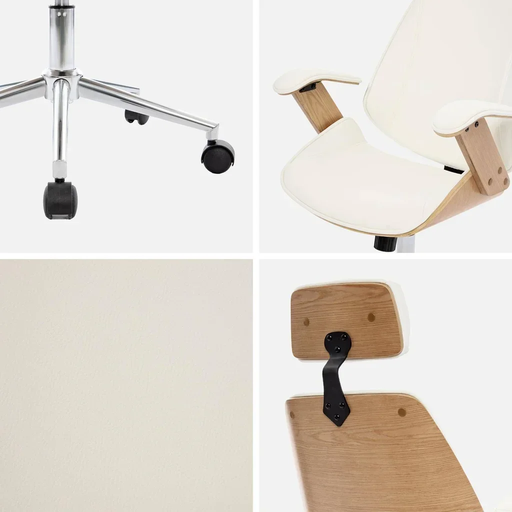 Silla Oficina Blanca Madera Curva Cuero Sintético Ruedas Diseño