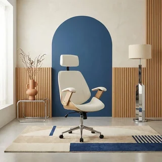 Silla Oficina Blanca Madera Curva Cuero Sintético Ruedas Diseño