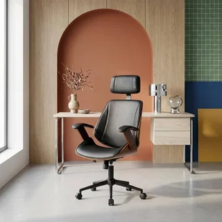 Silla de oficina ergonómica de madera curvada blanca con ruedas cuero sintético diseño