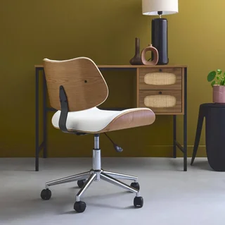 Chaise de bureau Ikaroch blanc bois courbé simili cuir à roulettes