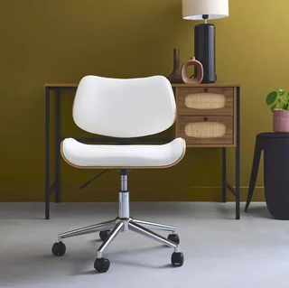 Chaise de bureau Ikaroch blanc bois courbé simili cuir à roulettes