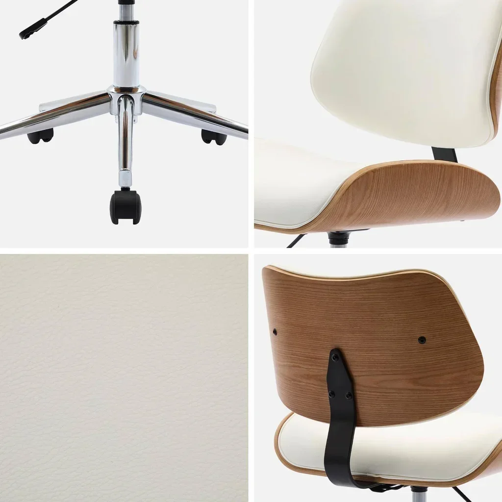Chaise de bureau Ikaroch blanc bois courbé simili cuir à roulettes