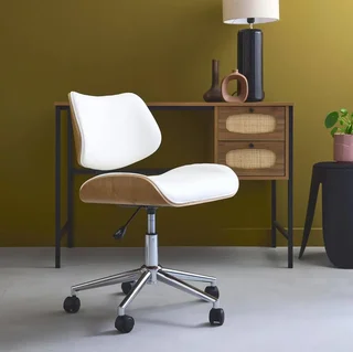 Chaise de bureau Ikaroch blanc bois courbé simili cuir à roulettes