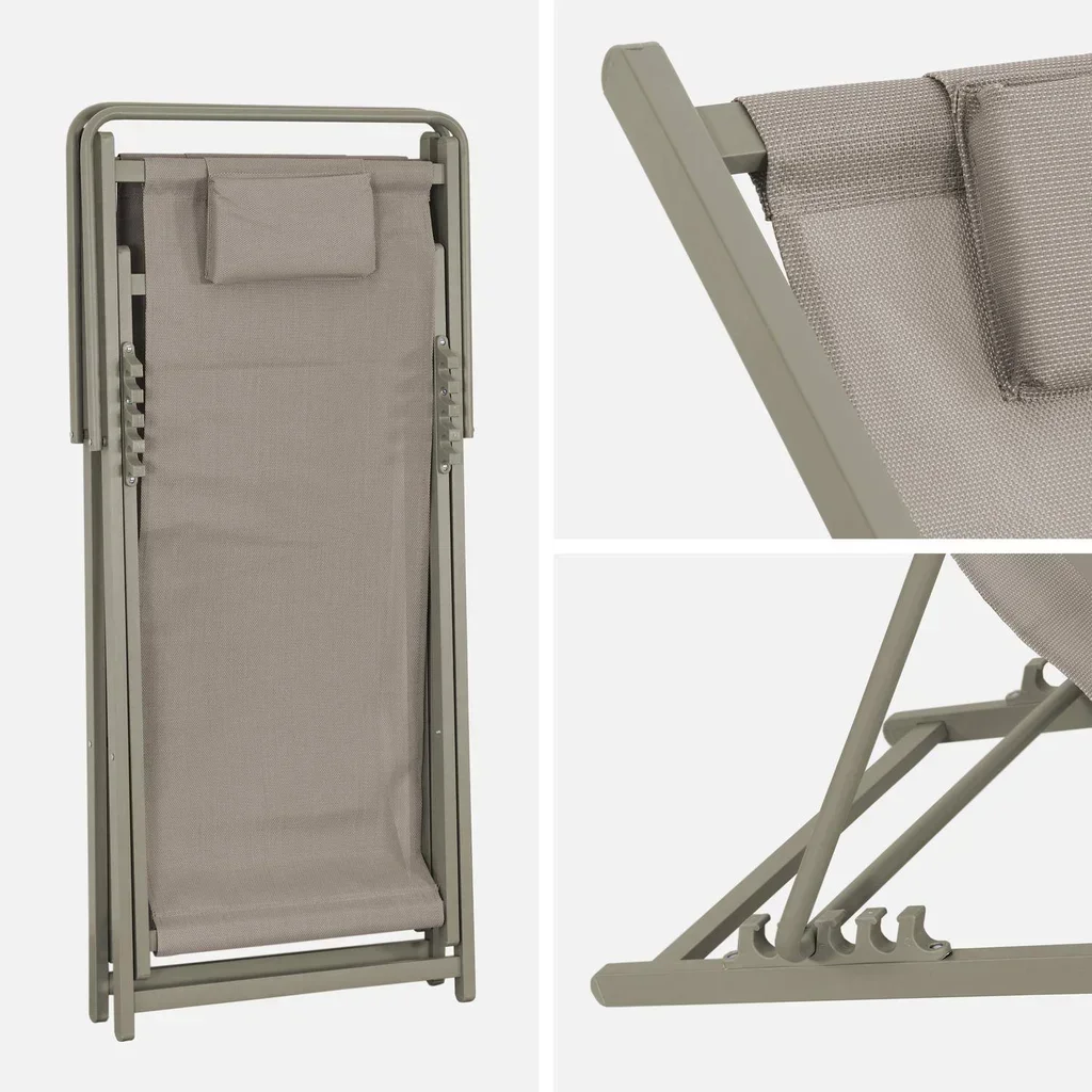 Chiliennes pliantes acier multi-positions avec coussin kaki lot de 2
