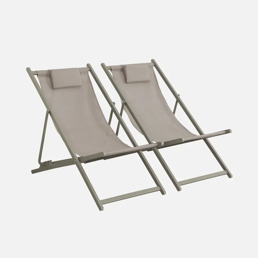 Chiliennes pliantes acier multi-positions avec coussin kaki lot de 2