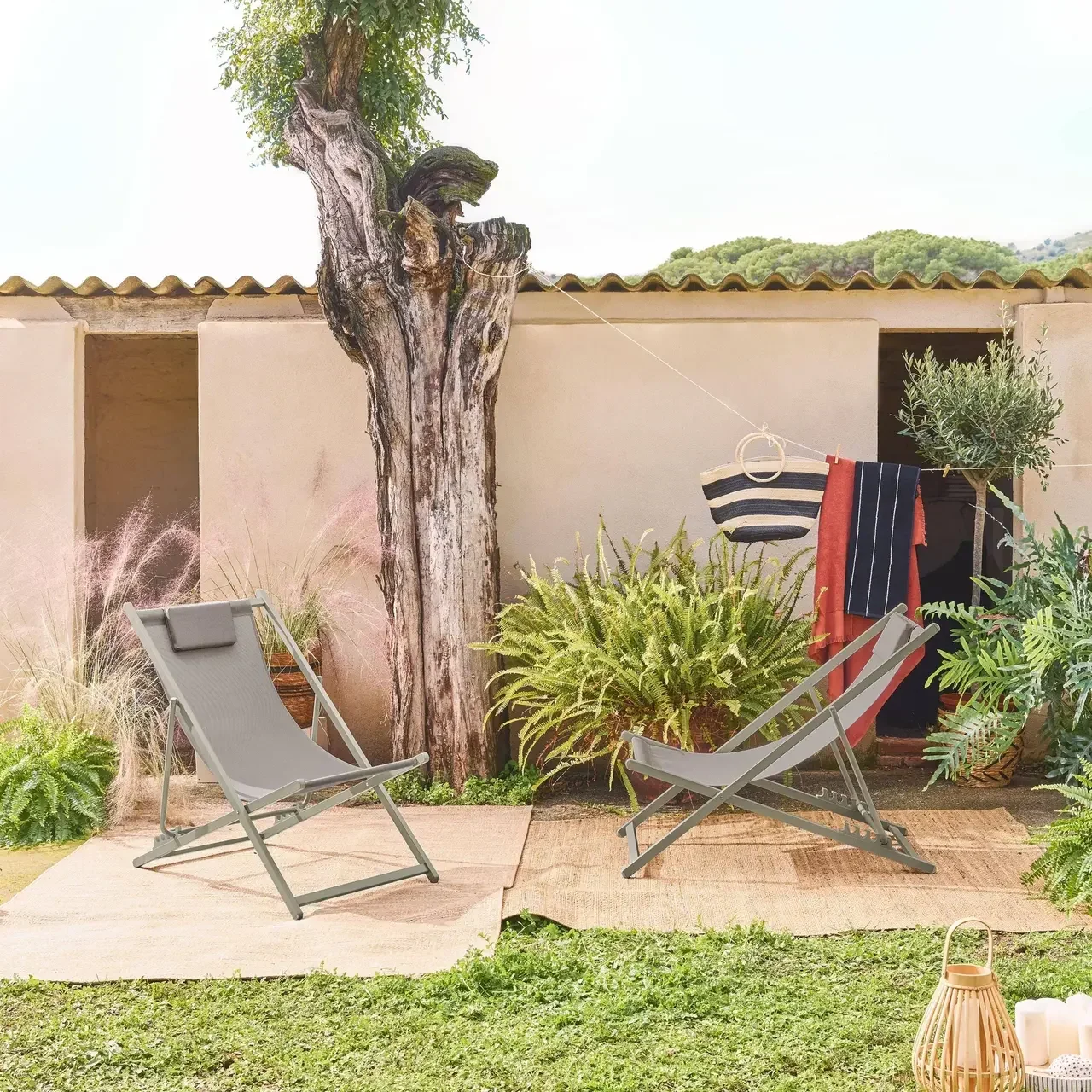 Chiliennes pliantes acier multi-positions avec coussin kaki lot de 2