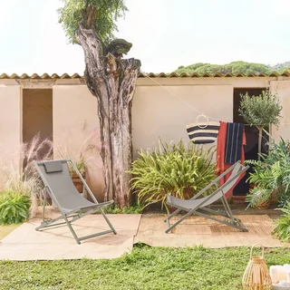 Chiliennes pliantes acier multi-positions avec coussin kaki lot de 2