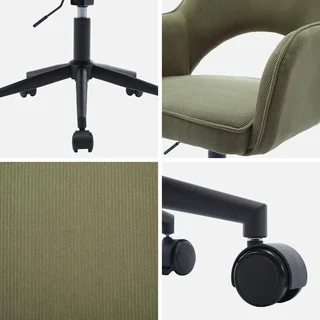 Chaise de bureau Jim en velours côtelé kaki avec roulettes