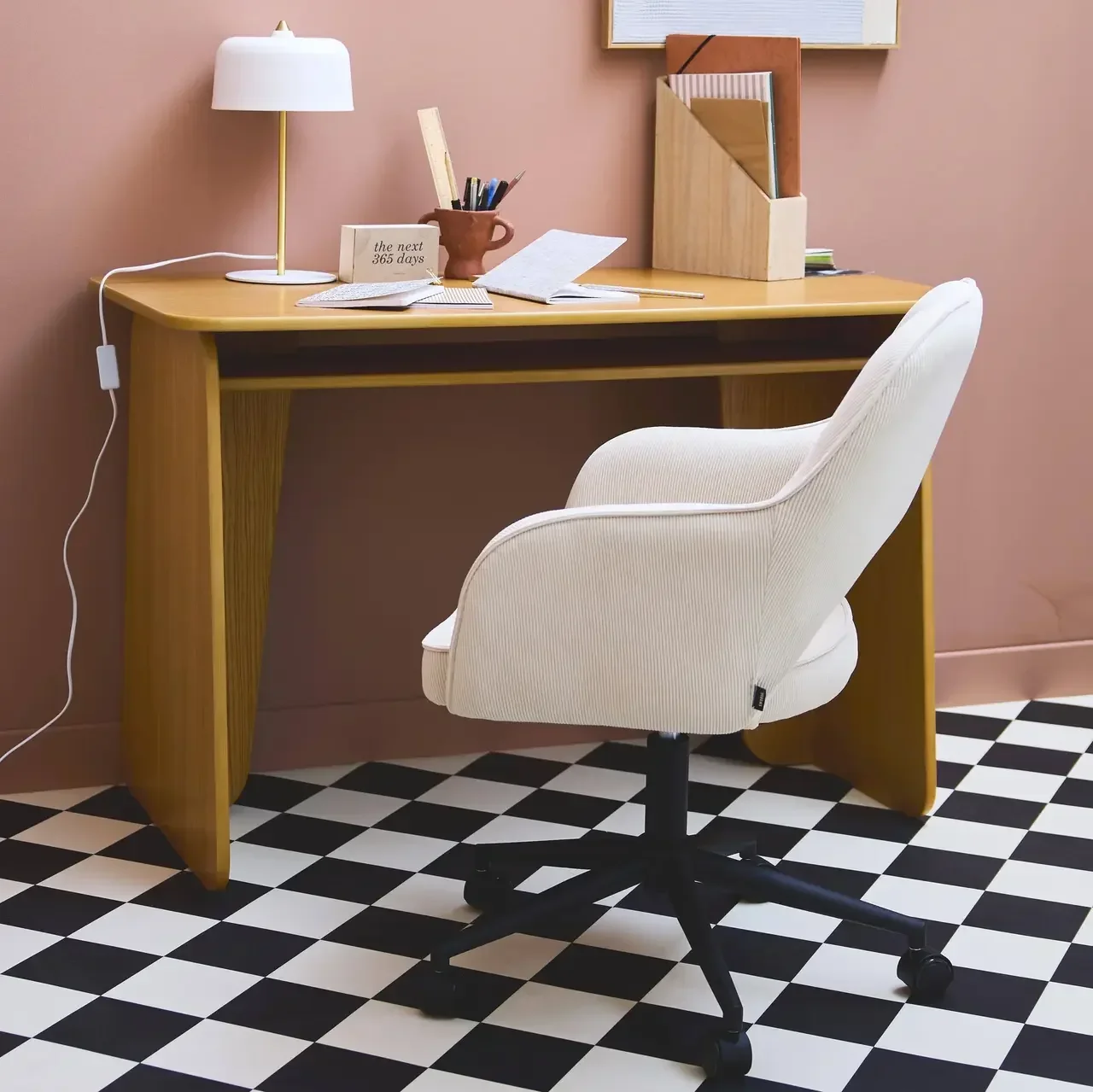 Chaise bureau velours côtelé kaki foncé à roulettes Jim