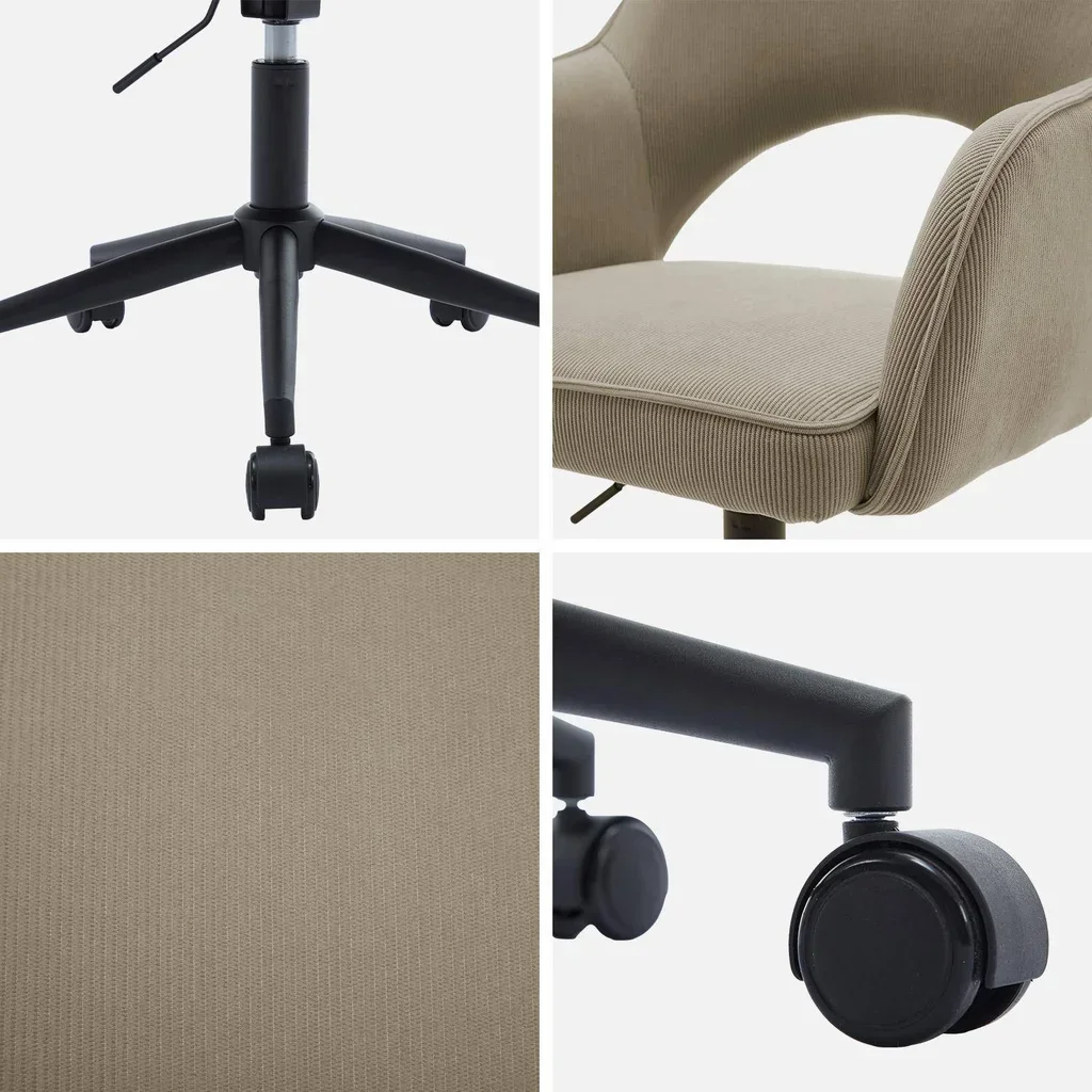 Chaise de bureau pivotante en velours côtelé kaki à roulettes Jim