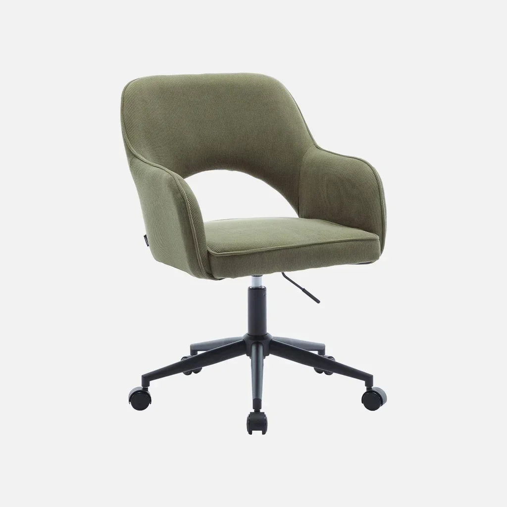 Chaise de bureau Jim en velours côtelé kaki avec roulettes