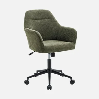 Chaise de bureau pivotante réglable en tissu chenille noir mat avec accoudoirs et roulettes